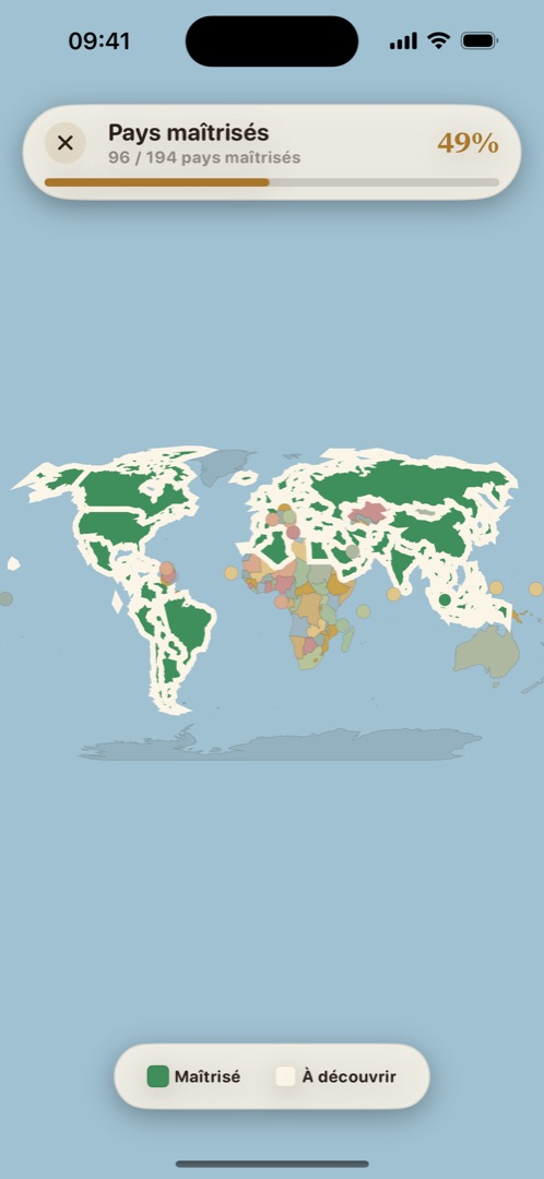 Carte de collection : les pays maîtrisés apparaissent en vert, 96 pays sur 194.